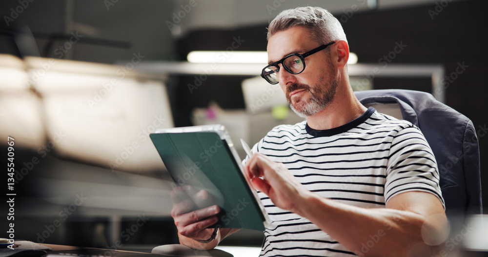 Aufkleber browsing, night and man with tablet, office and creative for web design with software and stylus. ov