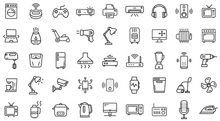 Home Appliances and Smart Electronics Icon Set – Household Devices, Kitchen Equipment, Gadgets, and Digital Technology Line Art Symbols for Modern Home and Office Essentials