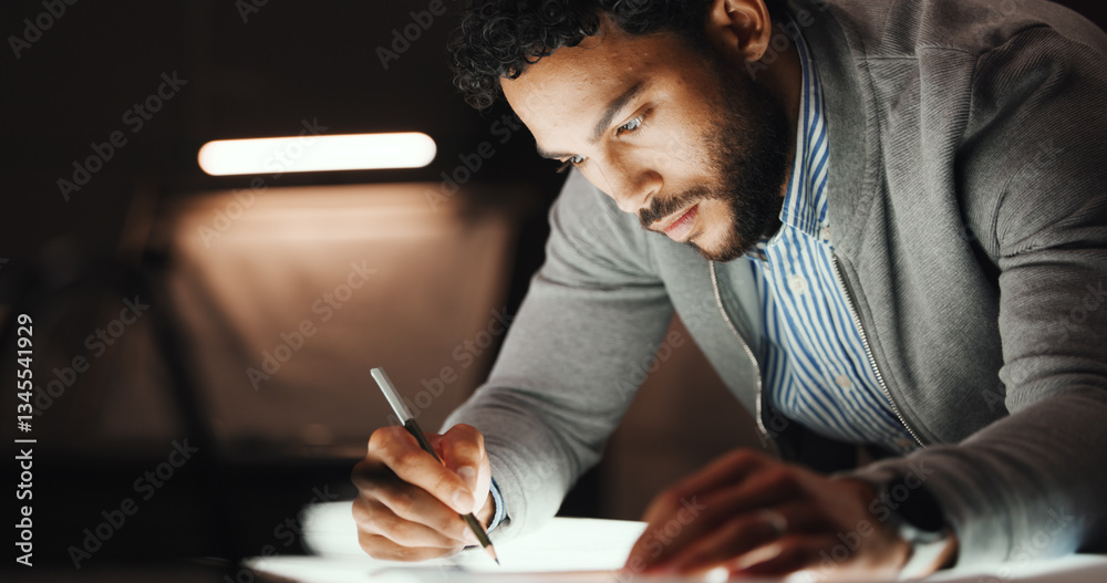 Poster drawing, night and man with creativity, architecture and deadline for project, urban development and