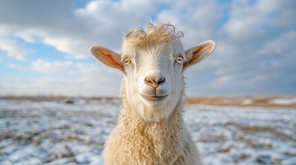 Obraz premium Fluffy Sheep Posing in Snowy Winter Field