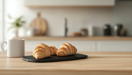 Two fresh croissants on a wooden kitchen counter.