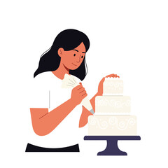 Cake decorator skillfully adds intricate designs in flat vector art style for a stunning cake presentation vector illustration