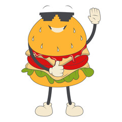 Burger Groovy Retro Character. Vector Illustration in Cartoon Style.