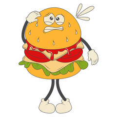 Burger Groovy Retro Character. Vector Illustration in Cartoon Style.