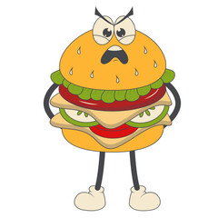 Burger Groovy Retro Character. Vector Illustration in Cartoon Style.