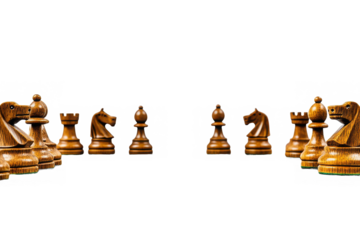 Arrangement of wooden chess pieces facing each other on a stark black background in a symmetrical view