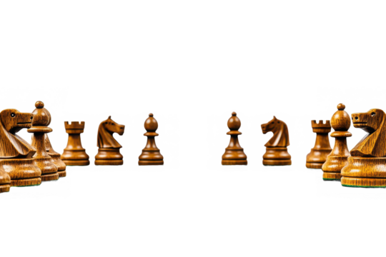 Arrangement of wooden chess pieces facing each other on a stark black background in a symmetrical view