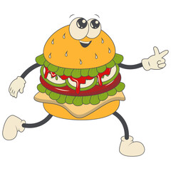 Burger Groovy Retro Character. Vector Illustration in Cartoon Style.
