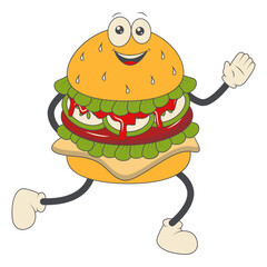 Burger Groovy Retro Character. Vector Illustration in Cartoon Style.