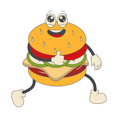 Burger Groovy Retro Character. Vector Illustration in Cartoon Style.