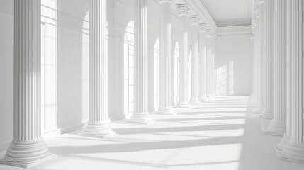 Classic white colonnade hallway, sunlit interior, architectural design, perfect for wallpaper, background