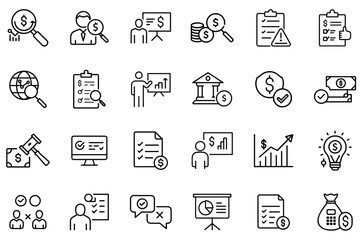 Finance and Business Analytics Icon Set – Money Management, Investment, Banking, Market Growth, Financial Planning, Audit, Budgeting, and Economic Strategy Line Art Symbols