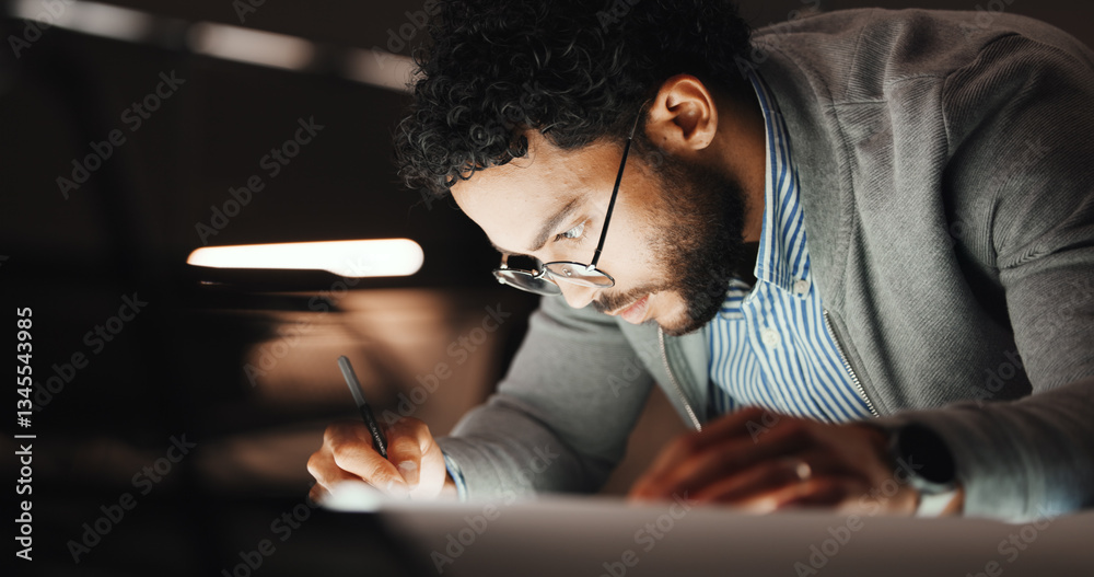 Poster drawing, night and man in office, architecture and deadline for project, inspiration and creativity.