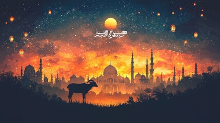Obraz premium Ibex silhouetted against fiery Eid al-Adha cityscape