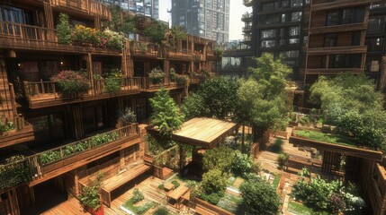 Fototapeta premium Serene Urban Oasis with Lush Greenery and Wooden Architecture