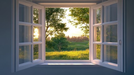 Serene View from Open Window Overlooking Lush Green Landscape
