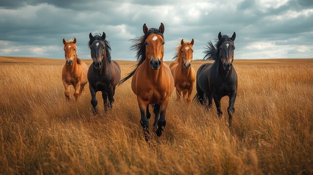 group of young horses on the pasture