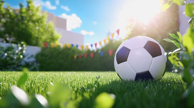 Soccer ball resting on lush grass in dynamic soccer field surrounded by colorful flags creating vibrant atmosphere