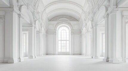 Fototapeta premium Empty grand white hall with large window, perfect for events or presentations