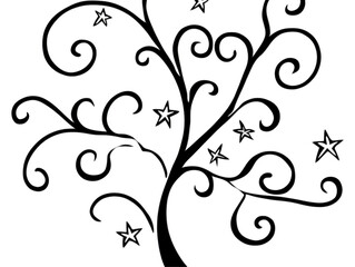 Elegant Black Floral Illustration with Stars Ornament on Transparent Background Decorative Swirls and Vintage Graphic Design Elements for Invitation or Wallpaper