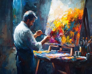 Fototapeta premium Creative artist painting vibrant abstract art in studio colorful palette intimate space inspirational viewpoint