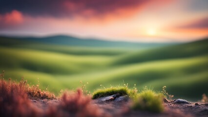 Close-up view grass wildflowers a hilltop sunset, softly blurred rolling green hills background.