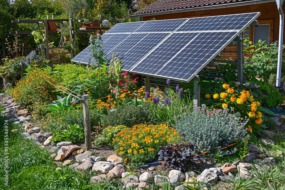 Aufkleber eco-friendly garden featuring solar panels and sustainable technologies for a greener future on a su
