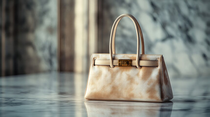 Timeless Elegance: A luxurious handbag, exuding sophistication, sits gracefully on a marble surface, the perfect embodiment of high fashion and timeless design.
