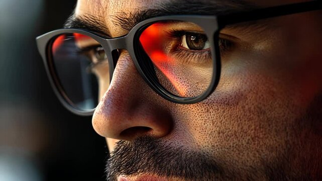 Close-up view of a man with glasses reflecting light while deep in thought indoors during the evening