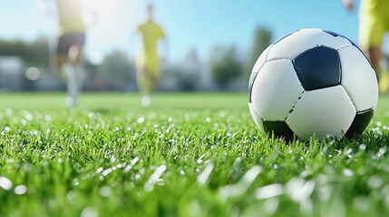 Fototapeta premium Soccer ball on a grass field with blurred players sprinting in action creating an energetic and dynamic sports scene