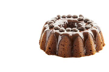A chocolate bundt cake with chocolate glaze and coffee beans on a black background is displayed