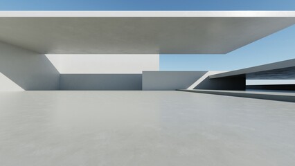 3d render of abstract modern concrete architecture with empty cement floor, minimal exterior, car presentation background