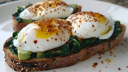 A spinach and avocado toast with poached eggs and chili flakes.