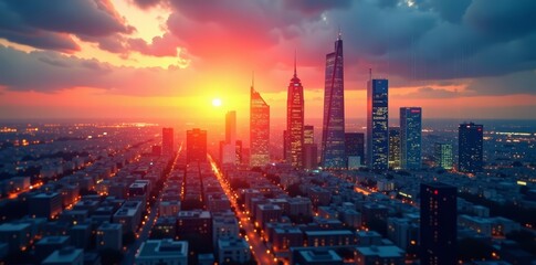 Obraz na płótnie Canvas Sunset cityscape with overlay of stock market graph and skyscrapers, trading , concept, success