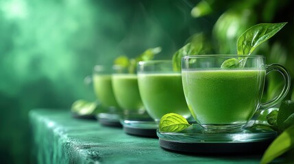 healthy green smoothies served in glass mugs