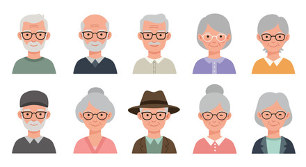 Elderly people character design in flat style showcasing different expressions and attire vector illustration