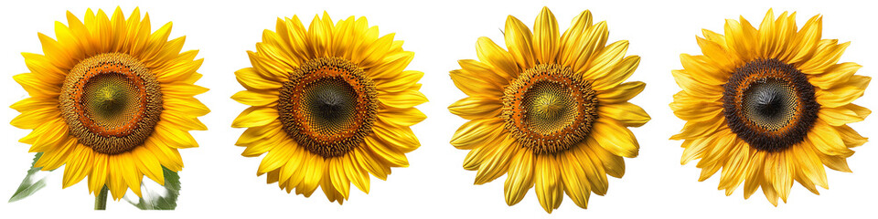 Naklejka premium Four vibrant sunflowers showcasing their bright yellow petals and dark brown centers isolated Transparent Background