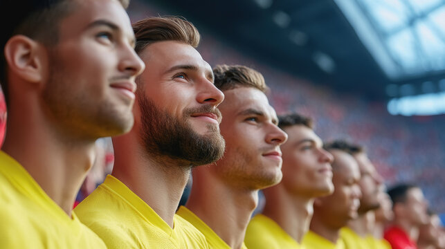 Group of soccer players in yellow jerseys forming a unified formation before an anticipated penalty shootout