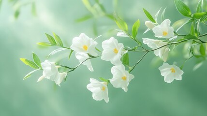 Fototapeta premium Delicate White Blossoms on Green Branch, Soft-Focus Photography