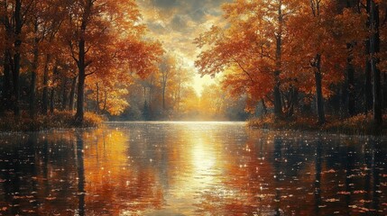 Obraz premium Autumnal Trees Reflected on Calm Lake Surface with Golden Sunlight