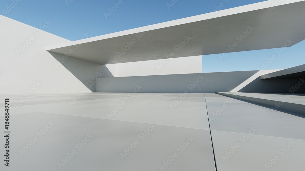 Poster 3d render of abstract modern concrete architecture with empty cement floor, minimal exterior, car pr