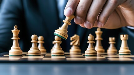 startup success execution competition concept. Hand moving a chess piece on a wooden chessboard during a game.