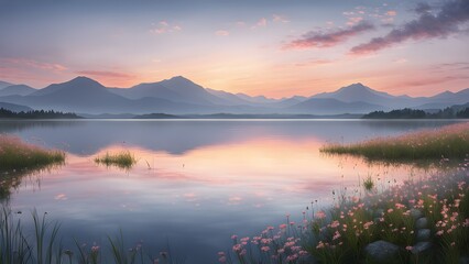 Fototapeta premium Peaceful sunset reflecting a calm lake surrounded mountains pink flowers.