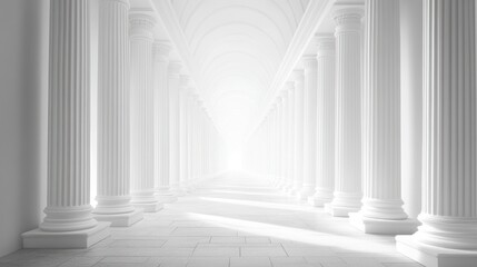 White colonnaded hallway, light at the end, architectural space, design concept, for interior design, or inspiration