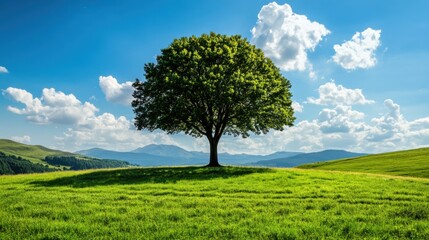 Fototapeta premium Big tree alone in the middle of green meadow, vibrant and lush, expansive open land, dreamy and tranquil scene