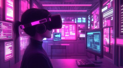 Cyberpunk VR Girl in Neon-Lit Tech Room