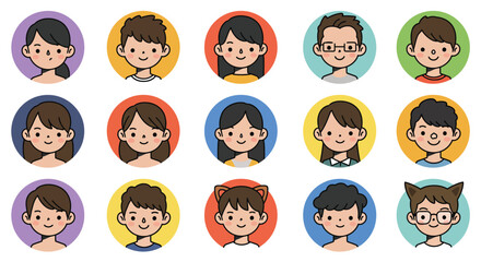 Diverse group of cartoon faces in flat style featuring various expressions vector art