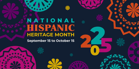 Hispanic heritage month 2025. Vector web banner, poster, card for social media, networks. Greeting with national Hispanic heritage month text, ornament on black background. Logo 2025.