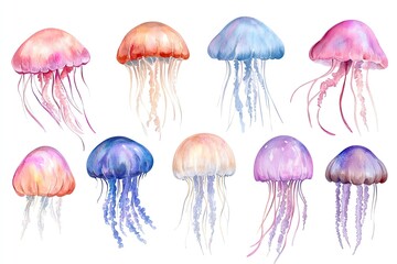 set of watercolor whimsical jellyfish floating underwater hand drawn on a white background