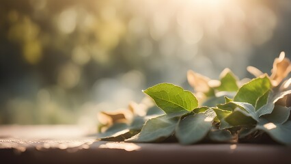 Fresh green leaves bathed warm glow golden hour sunlight, resting a rustic surface.